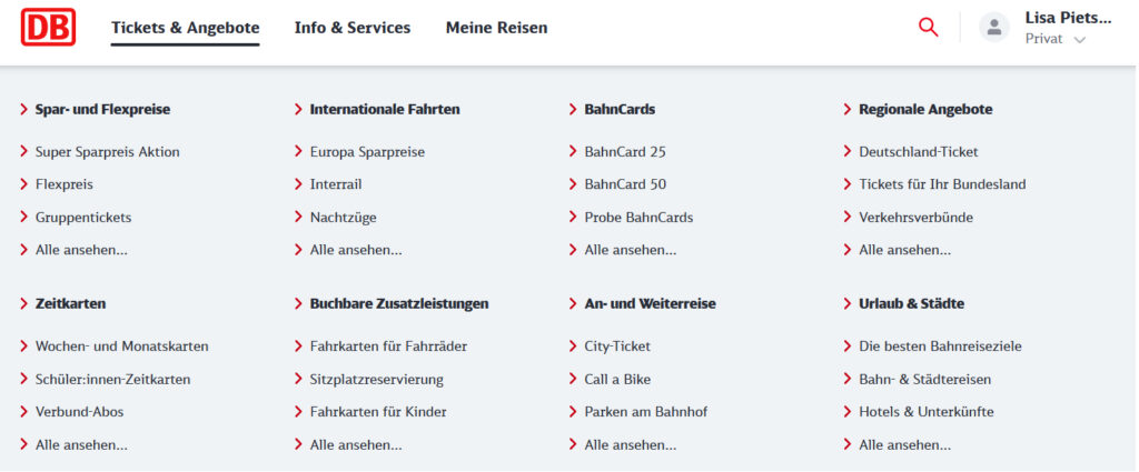 Eine Jugend BahnCard 25 für Kinder beantragen - Schritt für Schritt - Ansicht Navigation auf bahn.de