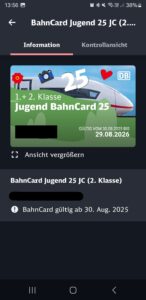 Eine Jugend BahnCard 25 für Kinder beantragen - Schritt für Schritt - Ansicht der Bahncard in der App